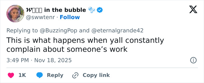 Screenshot of a tweet responding to Ariana Grande&rsquo;s cryptic last hurrah announcement, expressing fan reactions online.