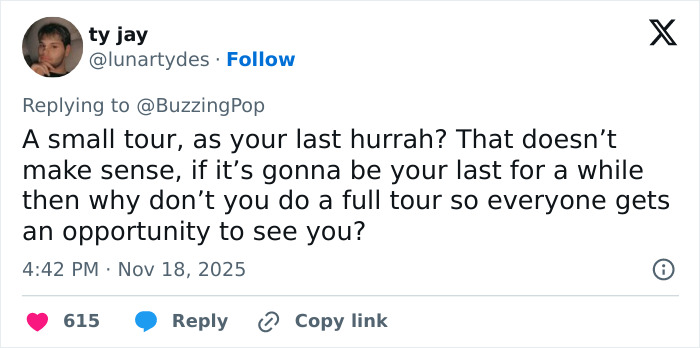 Fan reacts to Ariana Grande's cryptic last hurrah announcement sparking heartbreak and discussion about her future tour plans.