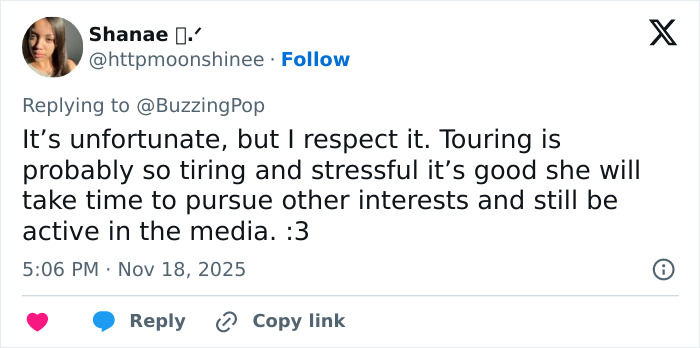 Twitter user Shanae shares a thoughtful response about Ariana Grande's cryptic last hurrah announcement and touring stresses.