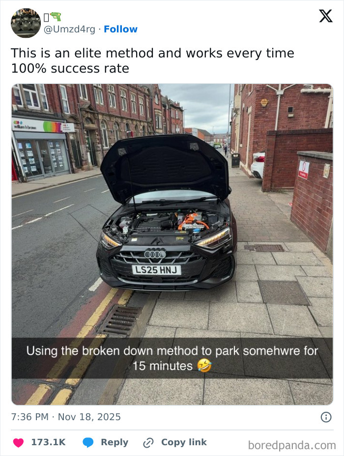 Black Audi car with its hood open parked on a street, showcasing a hilarious and relatable X post about parking tricks.