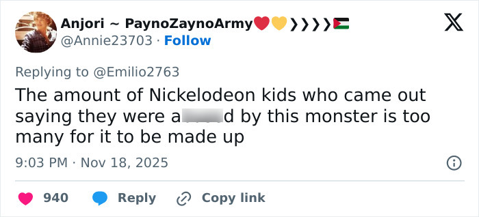 Tweet discussing Nickelodeon kids' a***e claims, highlighting Amanda Bynes breaking silence after viral Dan Schneider controversy.