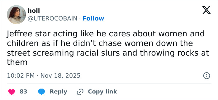 Screenshot of a tweet criticizing makeup icon Jeffree Star amid severe backlash over comments on pro-trans parents.