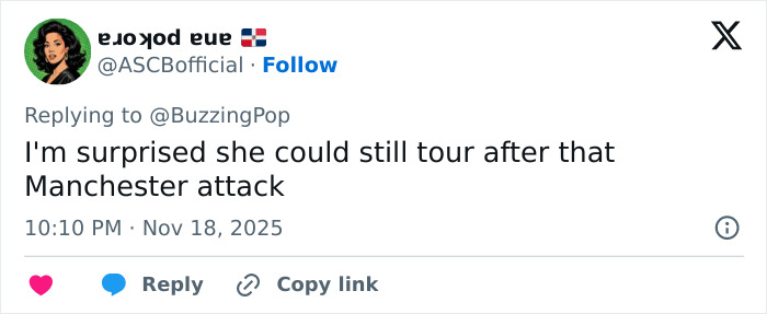 Tweet screenshot showing a fan expressing surprise that Ariana Grande could still tour after the Manchester attack.