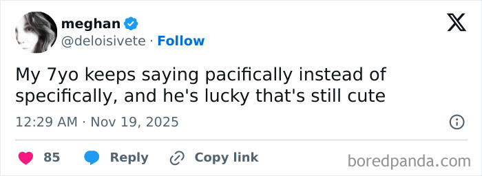 Parent’s funny tweet about child’s mispronounced word, shared during quiet time, showcasing humor in parenting moments.