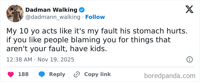 Tweet from a parent humorously blaming for child's stomach pain, part of funny tweets parents posted during quiet time.