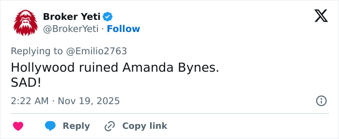 Tweet from Broker Yeti reacting to Amanda Bynes amid viral claim involving Dan Schneider controversy.