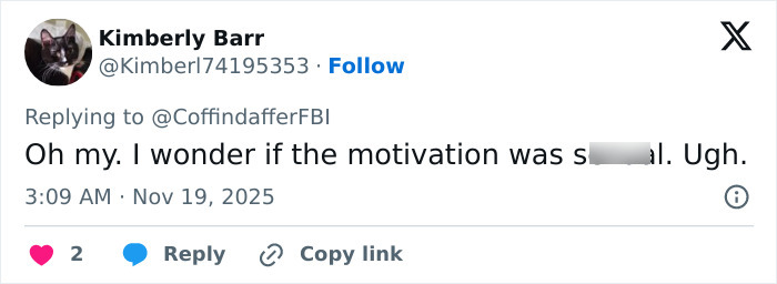 Screenshot of a Twitter reply expressing shock about the father of teen slain on cruise allegedly involved with babysitter.