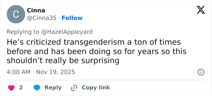 Tweet by user Cinna expressing criticism of Jeffree Star's repeated comments on transgenderism, sparking backlash online.