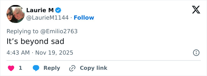 Twitter reply from Laurie M expressing sadness amid Amanda Bynes claim against Dan Schneider going viral.
