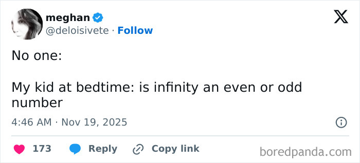 Tweet from a parent humorously questioning if infinity is even or odd, featured in funny tweets parents posted.