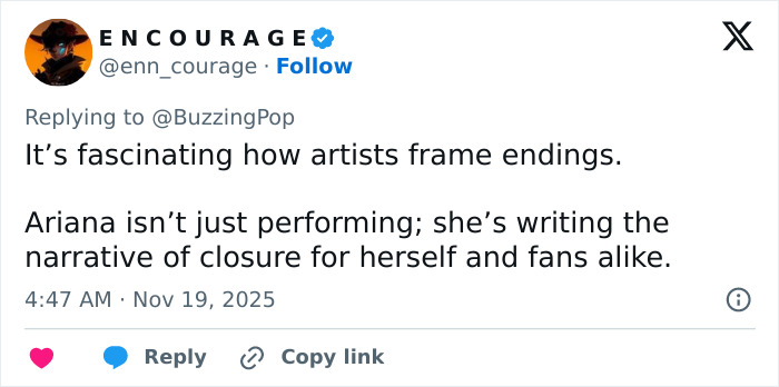 Tweet discussing Ariana Grande's cryptic last hurrah announcement and its impact on fans seeking closure.