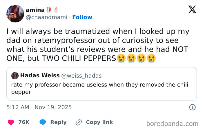 Screenshot of a relatable X post humorously discussing professor reviews and chili peppers, part of hilarious X posts.