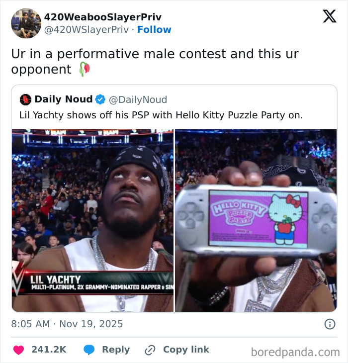 Screenshot of a humorous X post showing Lil Yachty holding a PSP with Hello Kitty Puzzle Party, showcasing relatable X posts.