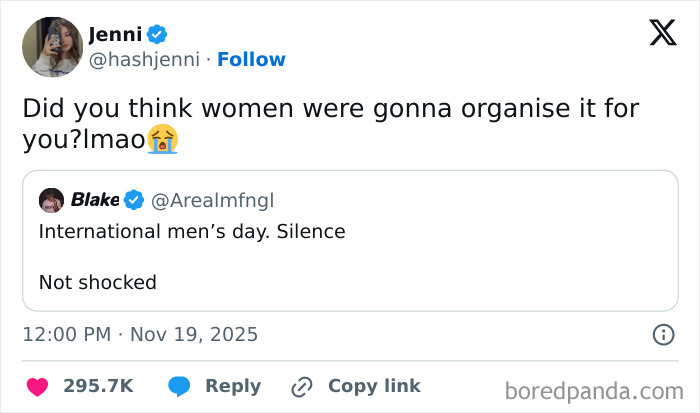 Screenshot of a relatable and hilarious X post about International Men’s Day with humorous user comments in November.