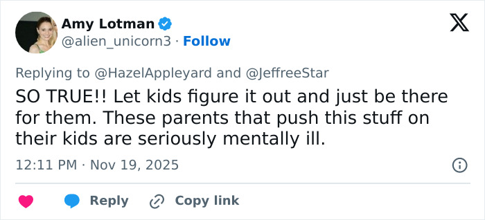 Tweet from Amy Lotman replying about pro-trans parents, referencing backlash related to makeup icon Jeffree Star.