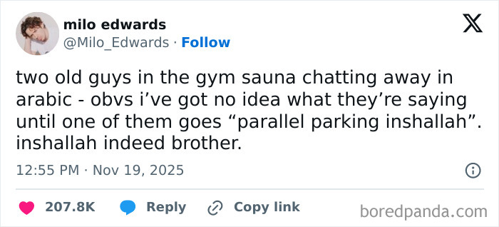 Tweet showing a funny and relatable X post about two old guys chatting in a gym sauna with a humorous twist.