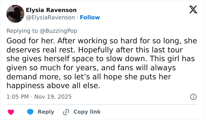 Tweet expressing support for Ariana Grande&rsquo;s cryptic last hurrah announcement after years of hard work and dedication to fans.