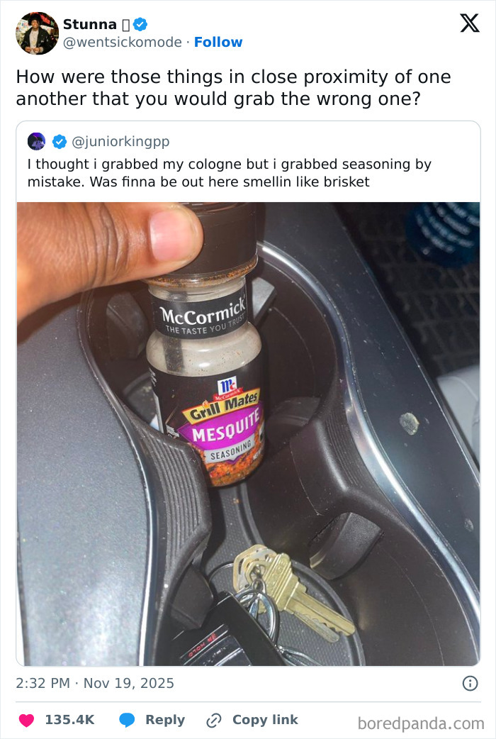 Close-up of a hand holding a seasoning bottle in a car cupholder, illustrating relatable and hilarious X posts from November.