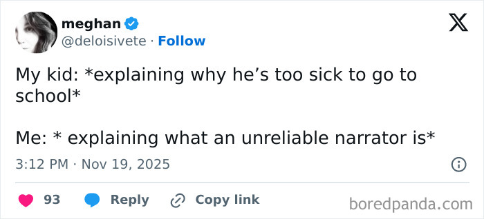 Tweet from a parent humorously explaining being an unreliable narrator during their quiet time with funny tweets parents posted.