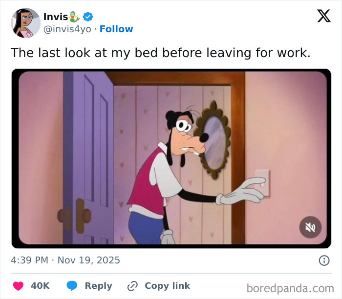 Cartoon character Goofy turning off a light switch with a tired expression, capturing job-related exhaustion and work life.
