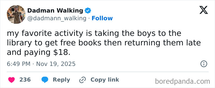 Funny tweet from a parent joking about taking kids to the library and paying late fees during quiet time.