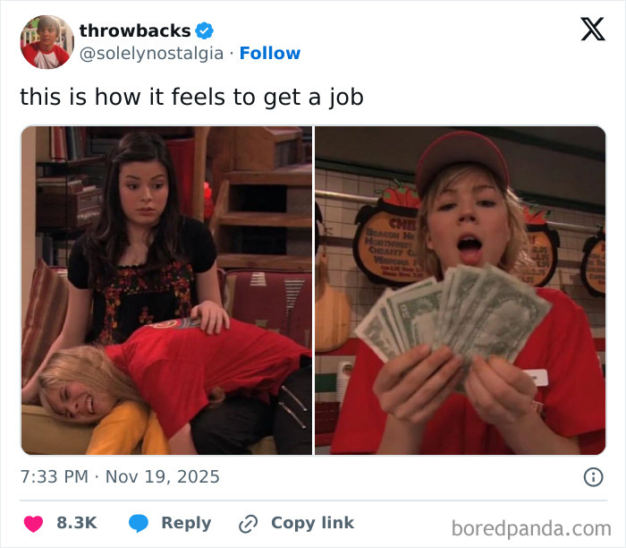 Two images showing emotions of getting a job, capturing relatable tweets about having a job experience.