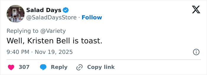 Screenshot of a tweet reacting to Kristen Bell sparking outrage after joining Fox Faith Project.