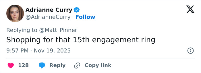 Tweet by Adrianne Curry mentioning shopping for a 15th engagement ring, related to Jennifer Lopez daring stage outfit controversy. Tweet by Adrianne Curry mentioning shopping for a 15th engagement ring, related to Jennifer Lopez daring stage outfit controversy.