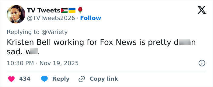 Tweet on a social media platform expressing outrage over Kristen Bell joining Fox Faith project.