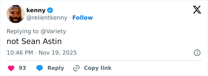 Twitter user kenny responding to Variety, denying association with Sean Astin in a social media comment thread.