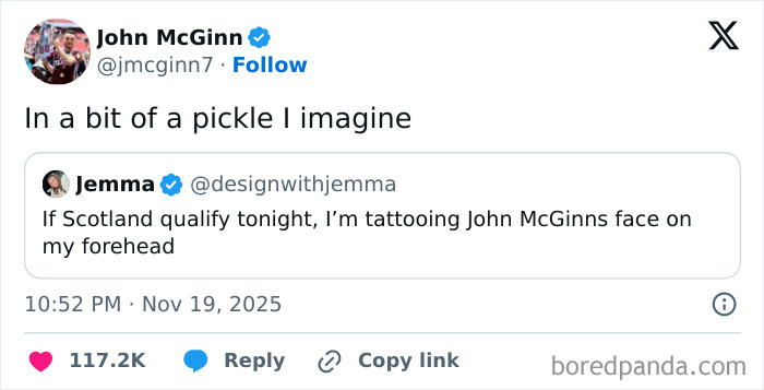 Screenshot of a humorous and relatable X post about tattooing a footballer's face, showcasing funny and relatable X posts.