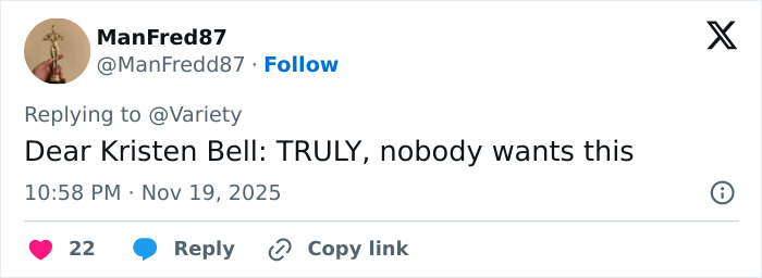 Twitter user ManFred87 replying to a Variety post, expressing disapproval of Kristen Bell's recent actions.