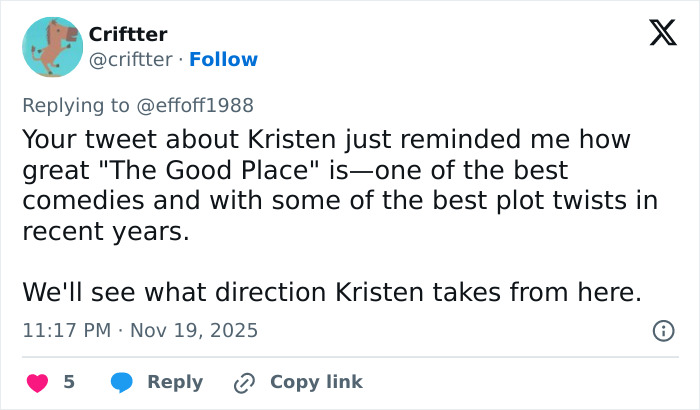 Tweet discussing Kristen Bell&rsquo;s role and future direction after joining Fox Faith Project, sparking mixed reactions online.