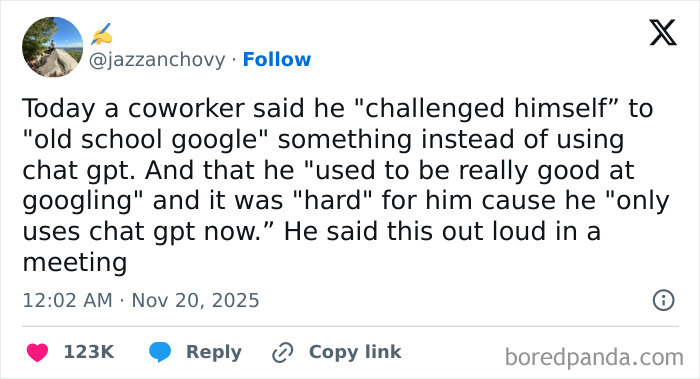 Screenshot of a relatable X post about a coworker struggling to “old school google” instead of using chat GPT on a workday.