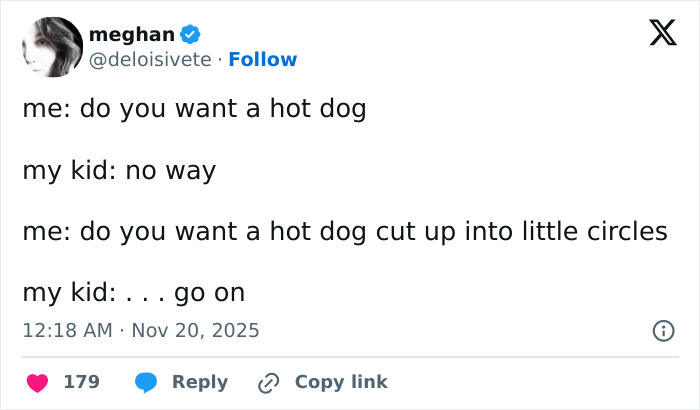 Funny tweet by a parent about negotiating with their kid over a hot dog, reflecting relatable parenting moments and quiet time humor.