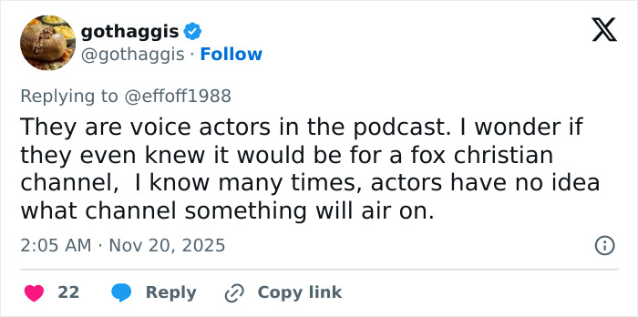 Tweet discussing voice actors in a podcast and their connection to Fox Faith Project and related controversy.