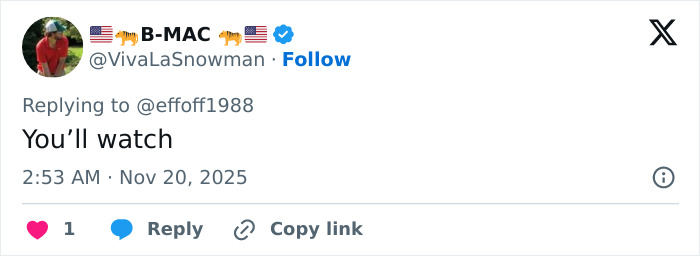 Tweet from user B-MAC with text You&rsquo;ll watch, showing a reaction to Kristen Bell joining Fox Faith project controversy.