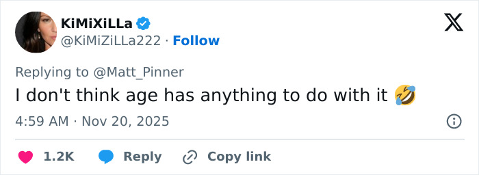 Twitter user KiMiXiLLa reacting with laughter emoji to a comment about age in a reply on November 20, 2025. Twitter user KiMiXiLLa reacting with laughter emoji to a comment about age in a reply on November 20, 2025.