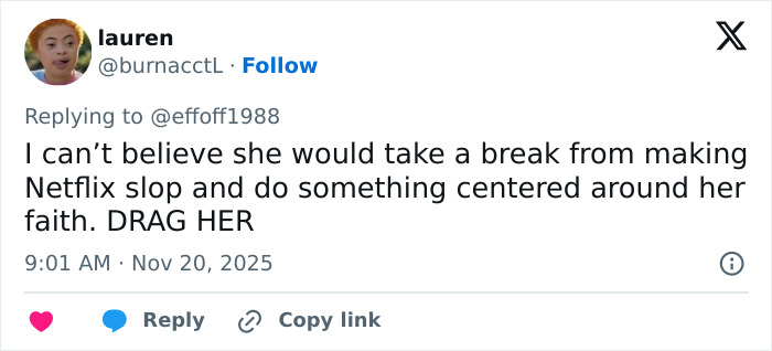 Tweet by user lauren expressing disbelief over Kristen Bell&rsquo;s involvement in a faith project, sparking outrage over self-cancel.