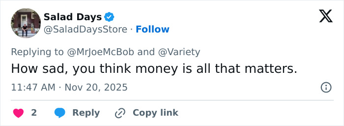 Tweet from Salad Days expressing disappointment about money, relating to Kristen Bell and Fox Faith Project controversy online.