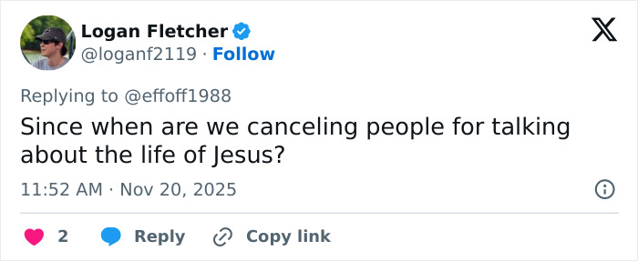 Tweet by Logan Fletcher questioning cancel culture related to discussing the life of Jesus amid Kristen Bell controversy.