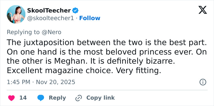 Tweet criticizing Meghan Markle for recreating Princess Diana's photo, calling the comparison bizarre and fitting for a magazine. Tweet criticizing Meghan Markle for recreating Princess Diana's photo, calling the comparison bizarre and fitting for a magazine.