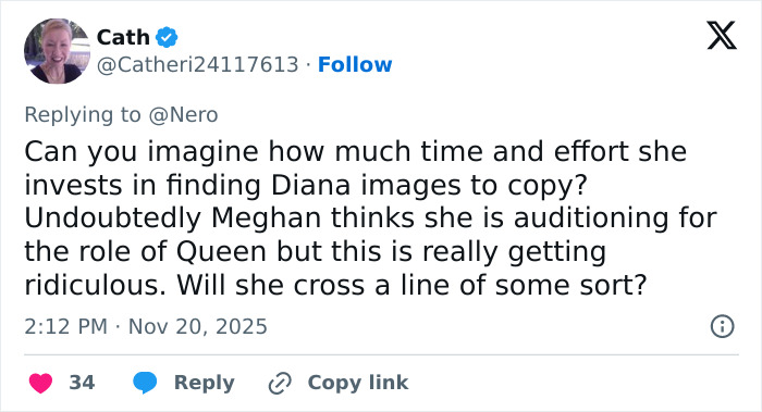 User tweet criticizing Meghan Markle for copying Princess Diana's images, sparking controversy and discussion online. User tweet criticizing Meghan Markle for copying Princess Diana's images, sparking controversy and discussion online.