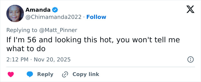 Tweet from Amanda responding to criticisms, mentioning age 56 and confidence despite harsh comments on appearance. Tweet from Amanda responding to criticisms, mentioning age 56 and confidence despite harsh comments on appearance.