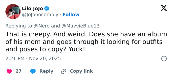 Screenshot of a tweet criticizing Meghan Markle for recreating Princess Diana’s photo, calling it creepy and weird. Screenshot of a tweet criticizing Meghan Markle for recreating Princess Diana’s photo, calling it creepy and weird.