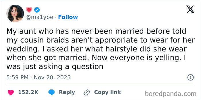 Screenshot of a funny and relatable X post from November about wedding hairstyle opinions causing a family argument.