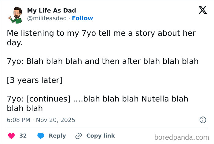 Screenshot of a funny tweet from a parent sharing a humorous story while having their quiet time with a 7-year-old child.