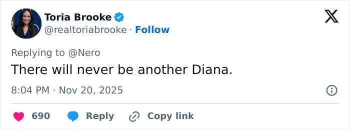 Tweet from Toria Brooke criticizing Meghan Markle for recreating Princess Diana’s photo, highlighting public backlash and controversy. Tweet from Toria Brooke criticizing Meghan Markle for recreating Princess Diana’s photo, highlighting public backlash and controversy.