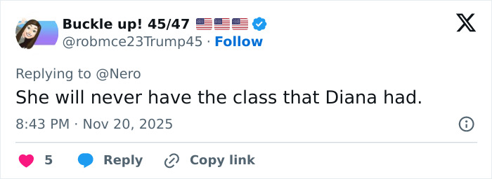 Twitter reply criticizing Meghan Markle for lacking Diana’s class, related to recreating Princess Diana's photo controversy. Twitter reply criticizing Meghan Markle for lacking Diana’s class, related to recreating Princess Diana's photo controversy.