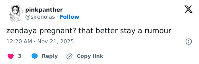 Tweet questioning if Zendaya is pregnant, reflecting public speculation about rumored pregnancy with Tom Holland.